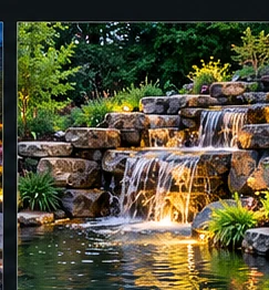 Illuminated stone waterfall in a landscaped backyard