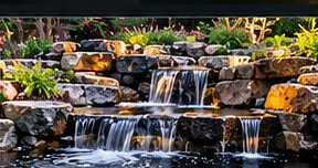 Natural stone waterfall cascading into a pond